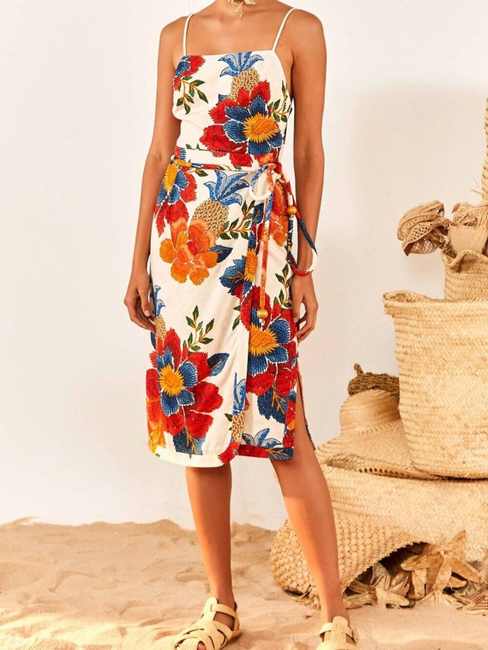 FARM RIO White Pineapple Flowers Linen Square Neck Wrap Midi Dress, Size XS